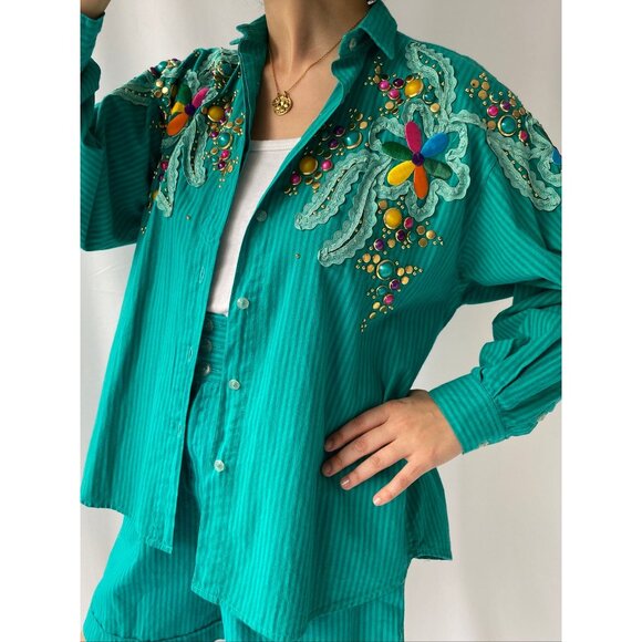 80s vintage embellished funky button up shirt shorts 2 piece matching coord set - Picture 4 of 11